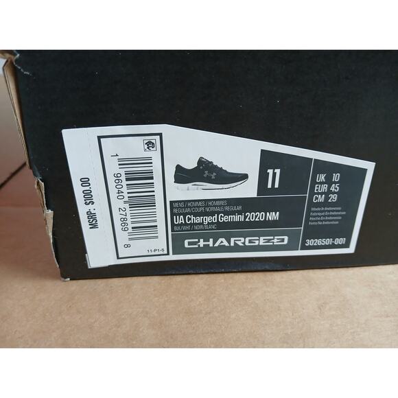 USED Under Armour Mens Charged Gemini 2020 Trainers Shoes, BLK/WHT/Noir, 11 M US - Picture 3 of 3